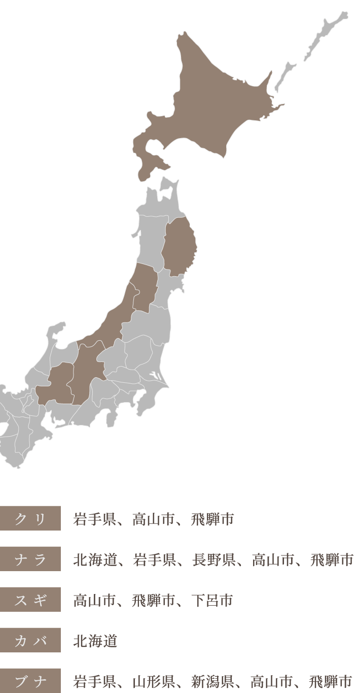 クリ 岩手県、高山市、飛騨市  ナラ 北海道、岩手県、長野県、高山市、飛騨市  スギ 高山市、飛騨市、下呂市  カバ 北海道  ブナ 岩手県、山形県、新潟県、高山市、飛騨市